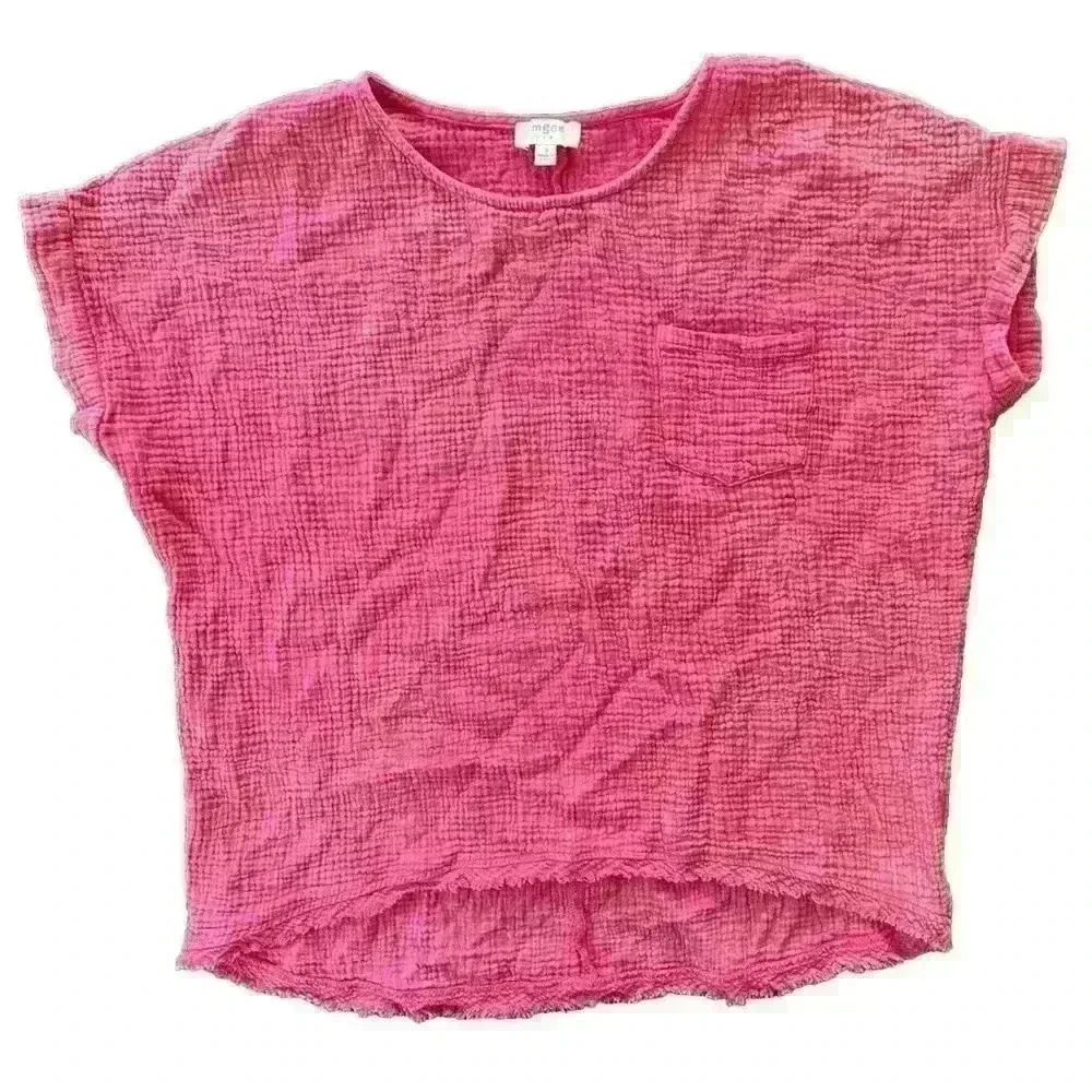 Umgee Mineral Wash Top Sz Small Short Sleeve Fringe Hem Chest Pocket Textured
